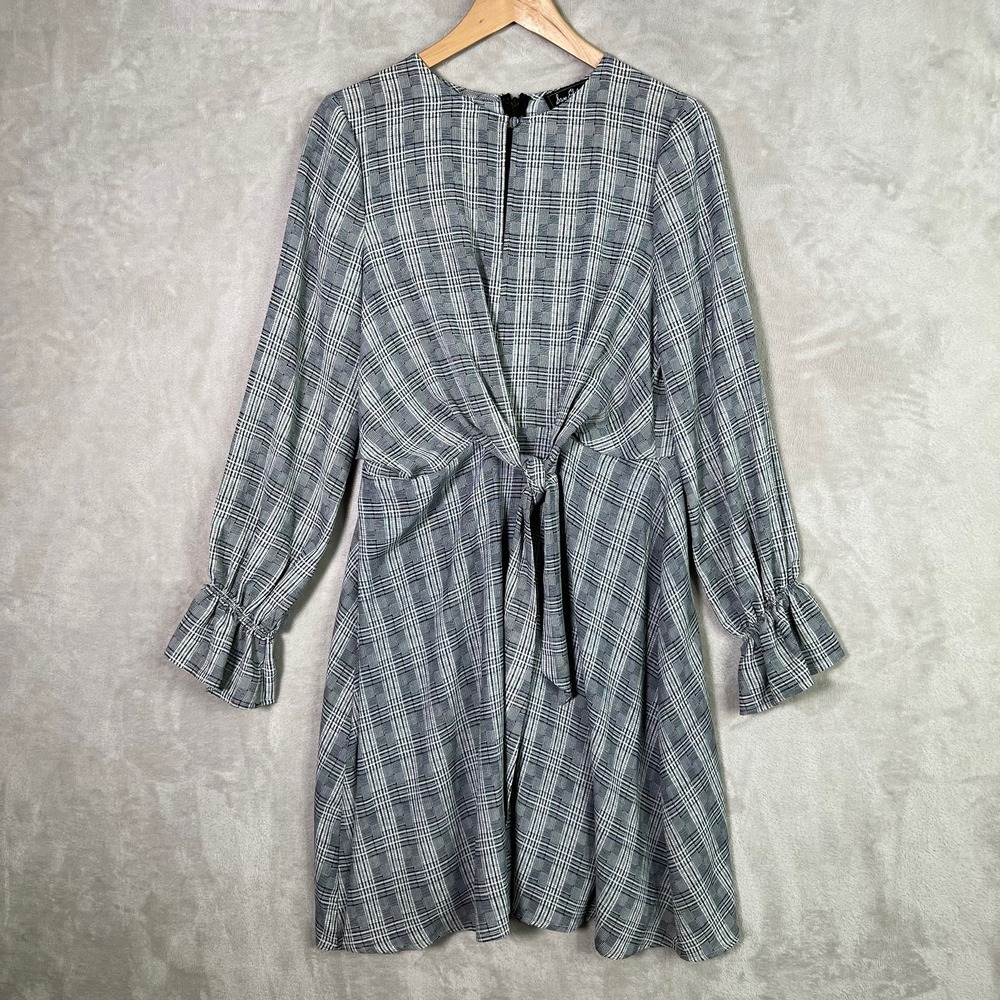 Sam Edelman Dress Sz 6 Black White Plaid Knot Front Fit & Flare Ruffle Cuff